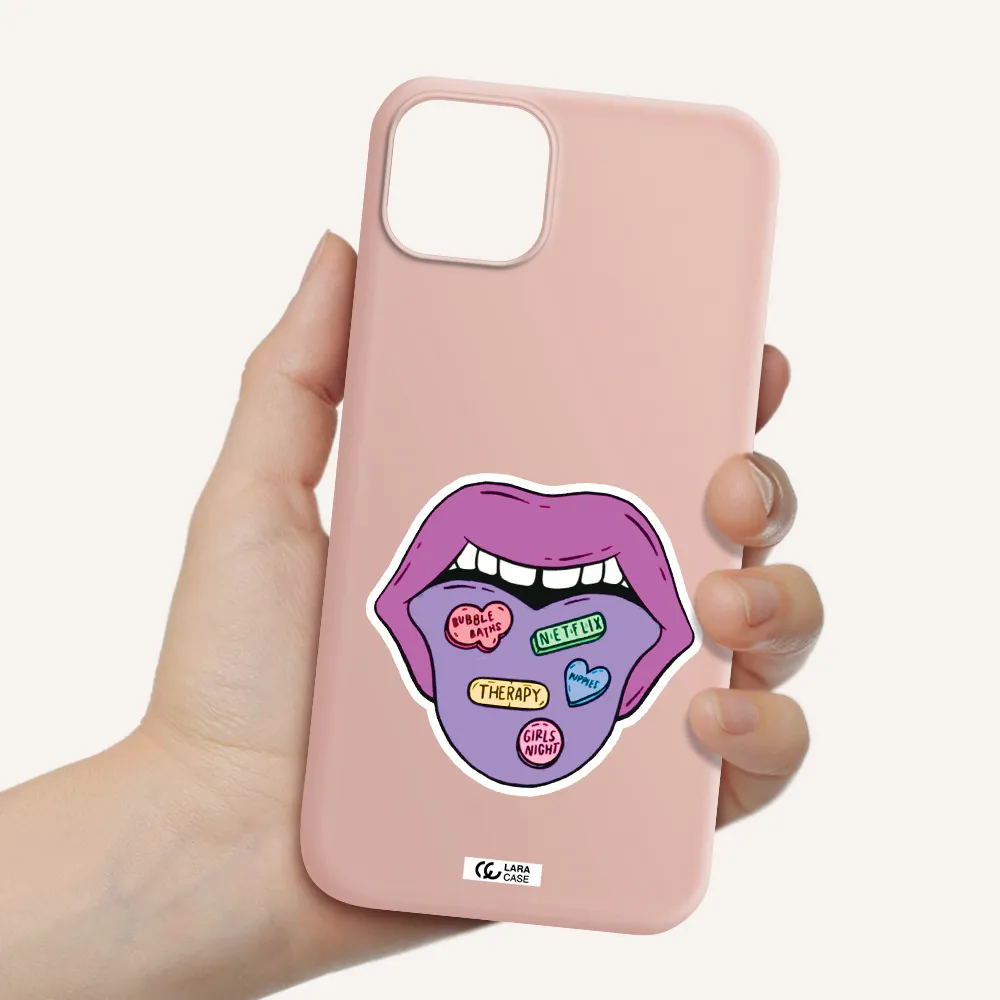a purple lips with different colored hearts on it Apple iPhone 14 plus Silicone pastel pink Case