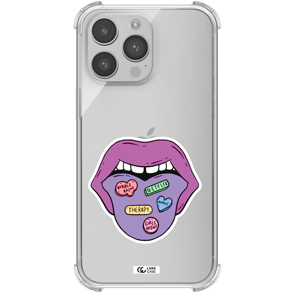 a purple lips with different colored hearts on it Apple iPhone 14 pro Clear PC Case