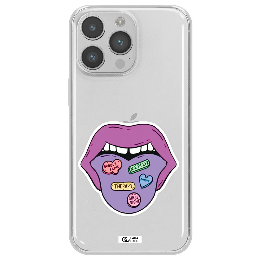 a purple lips with different colored hearts on it Apple iPhone 14 pro Clear TPU Case