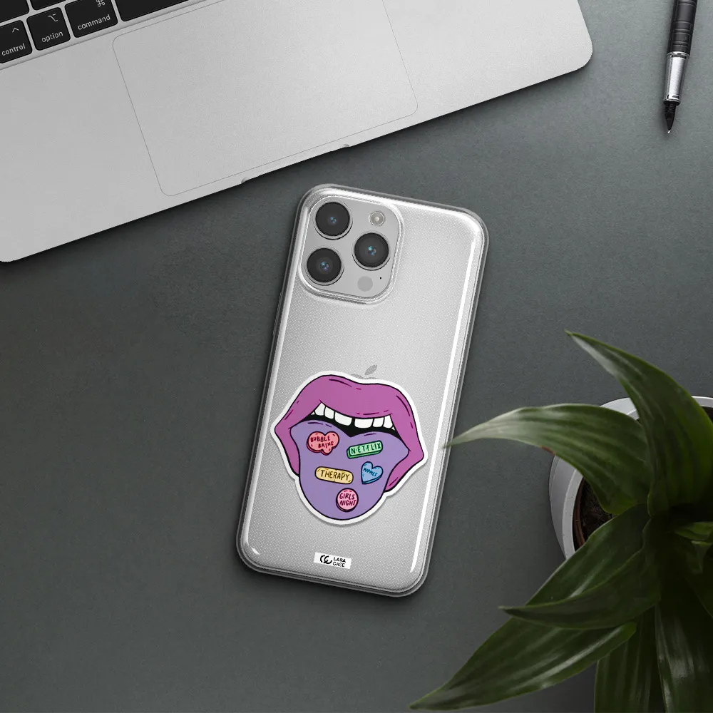 a purple lips with different colored hearts on it Apple iPhone 14 pro Clear TPU Case
