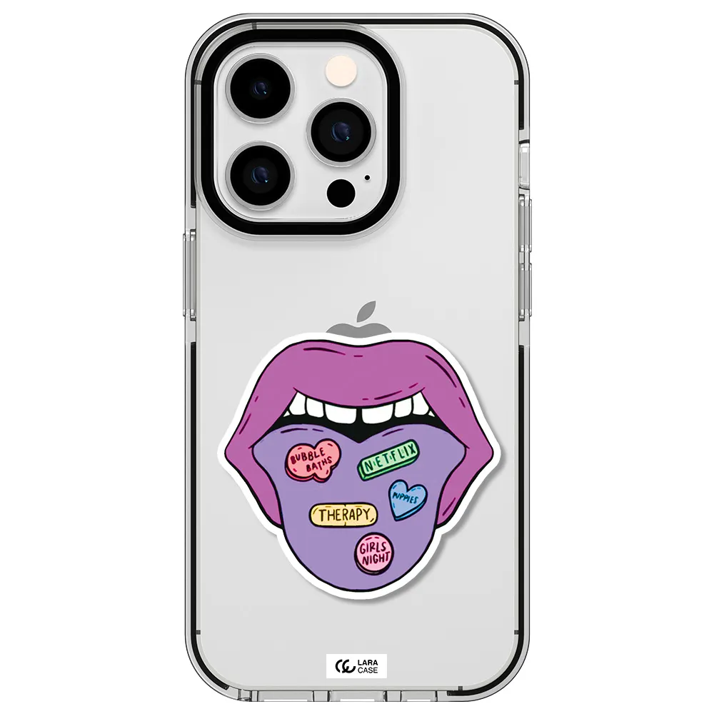 a purple lips with different colored hearts on it Apple iPhone 14 pro impact black border Case