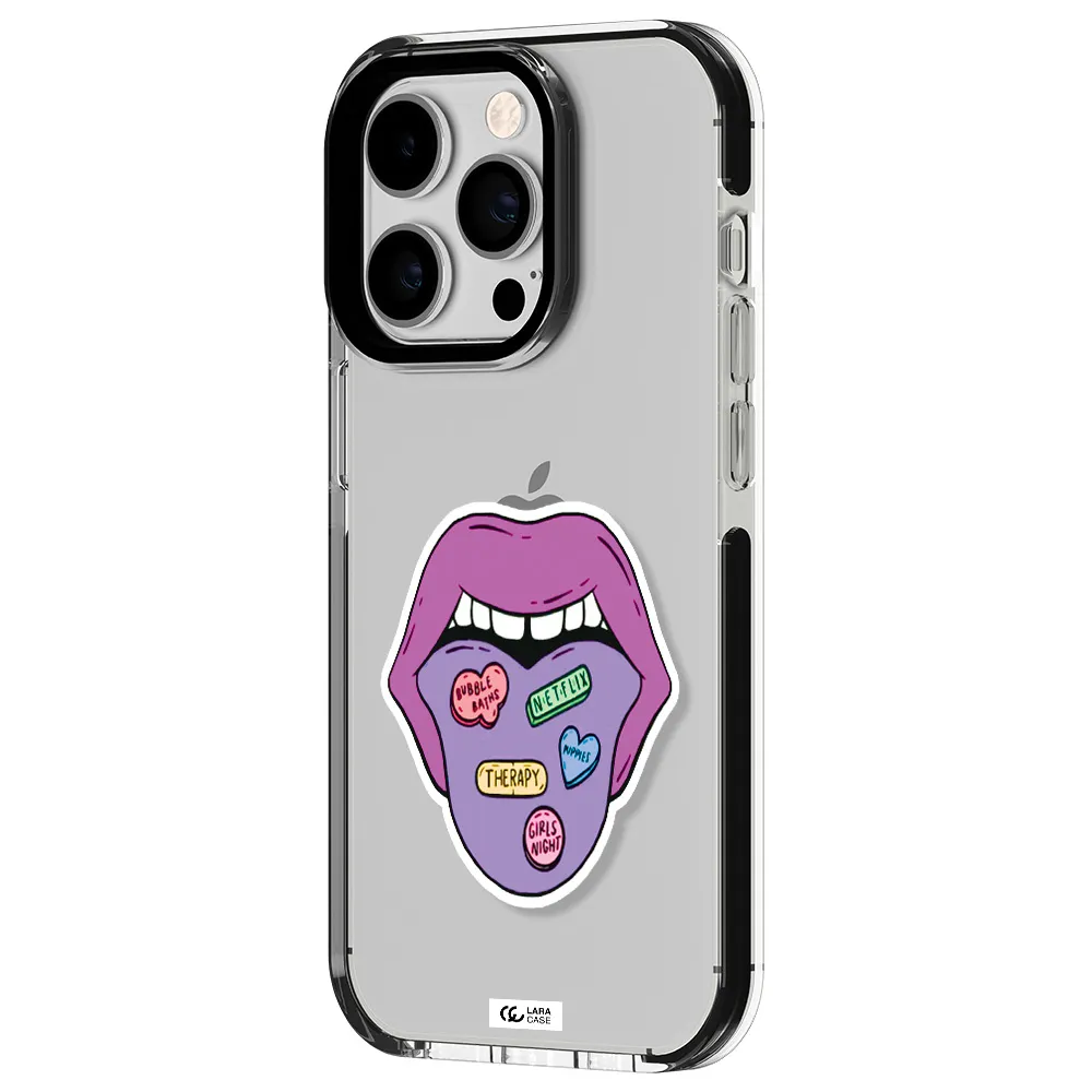 a purple lips with different colored hearts on it Apple iPhone 14 pro impact black border Case