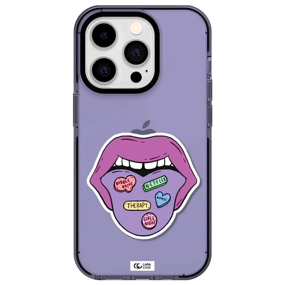 a purple lips with different colored hearts on it Apple iPhone 14 pro impact Lilac Case