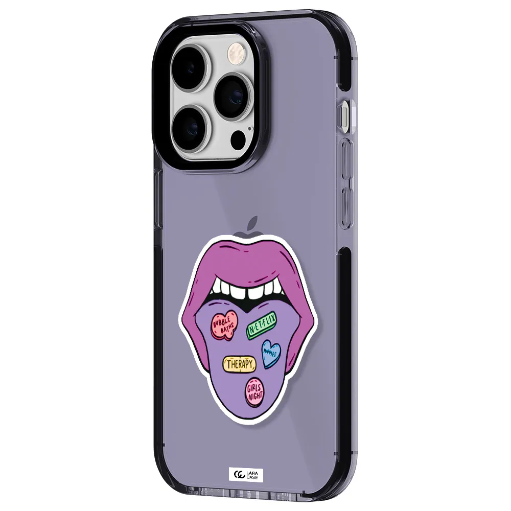 a purple lips with different colored hearts on it Apple iPhone 14 pro impact Lilac Case
