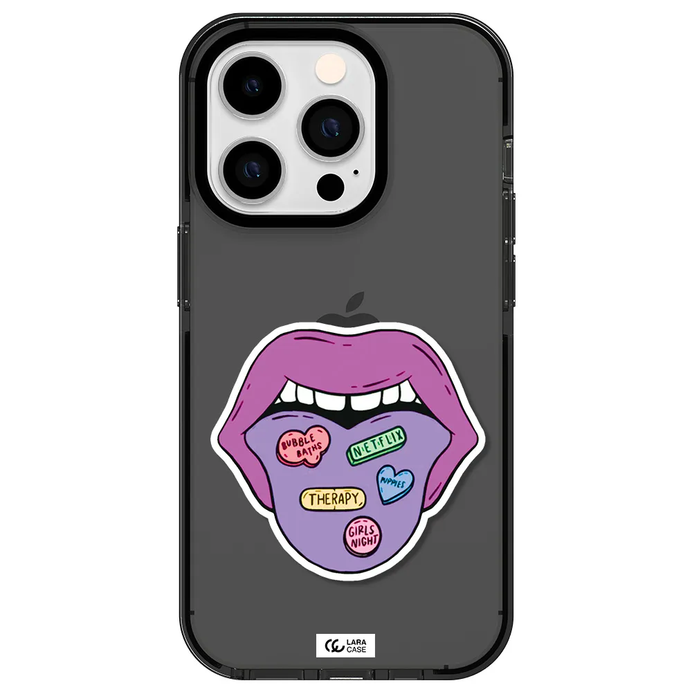 a purple lips with different colored hearts on it Apple iPhone 14 pro impact Smoke Black Case