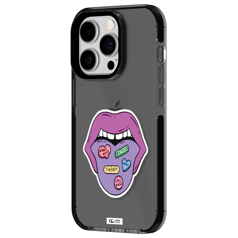 a purple lips with different colored hearts on it Apple iPhone 14 pro impact Smoke Black Case