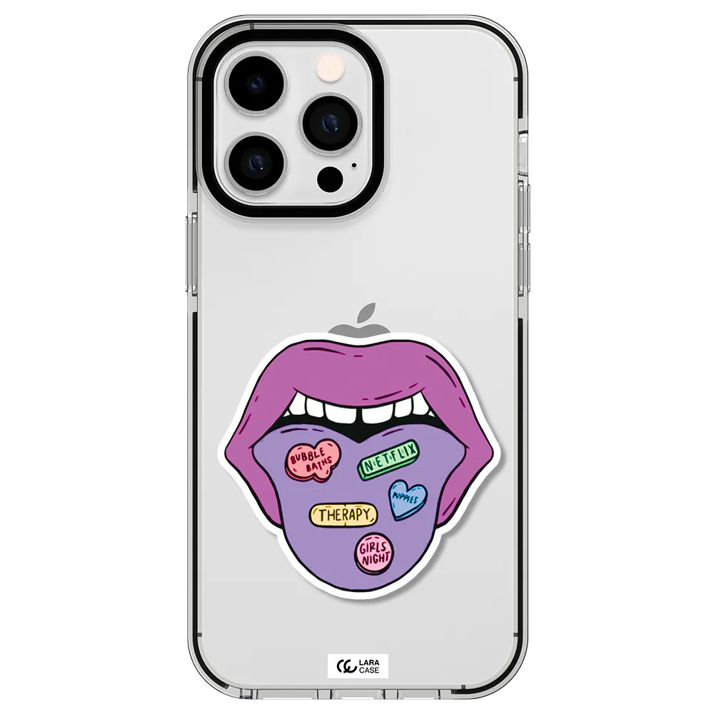 a purple lips with different colored hearts on it Apple iPhone 14 pro max impact black border Case