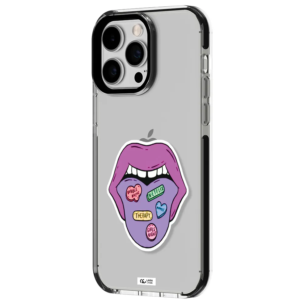 a purple lips with different colored hearts on it Apple iPhone 14 pro max impact black border Case