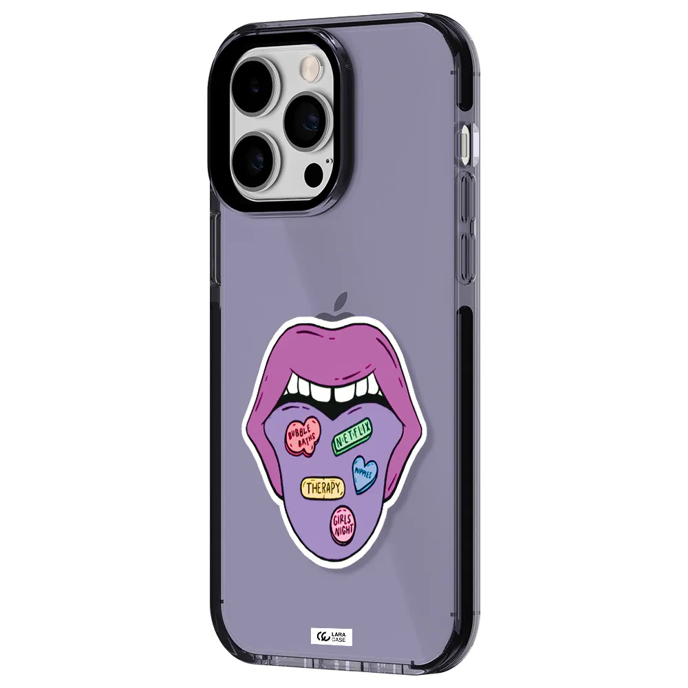 a purple lips with different colored hearts on it Apple iPhone 14 pro max impact Lilac Case