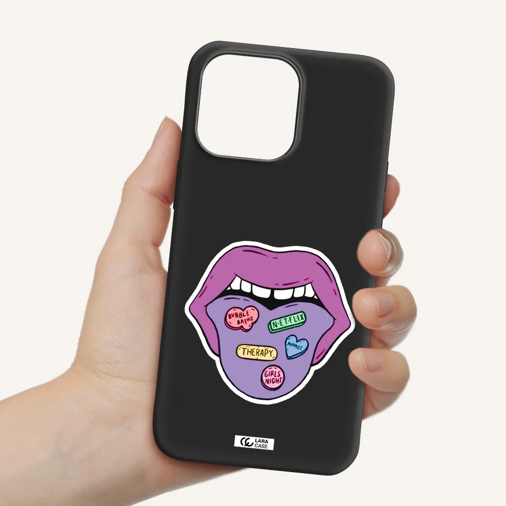 a purple lips with different colored hearts on it Apple iPhone 14 pro max Silicone black Case