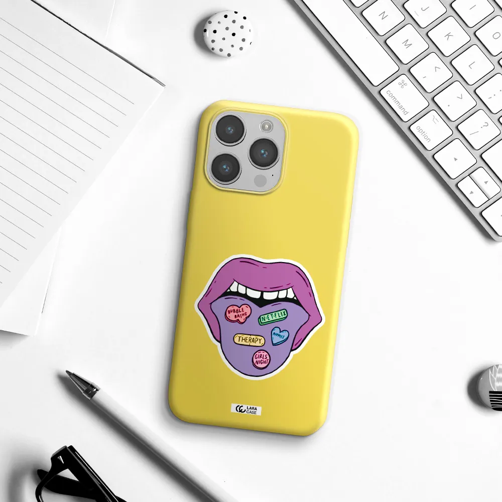 a purple lips with different colored hearts on it Apple iPhone 14 pro max Silicone canary yellow Case
