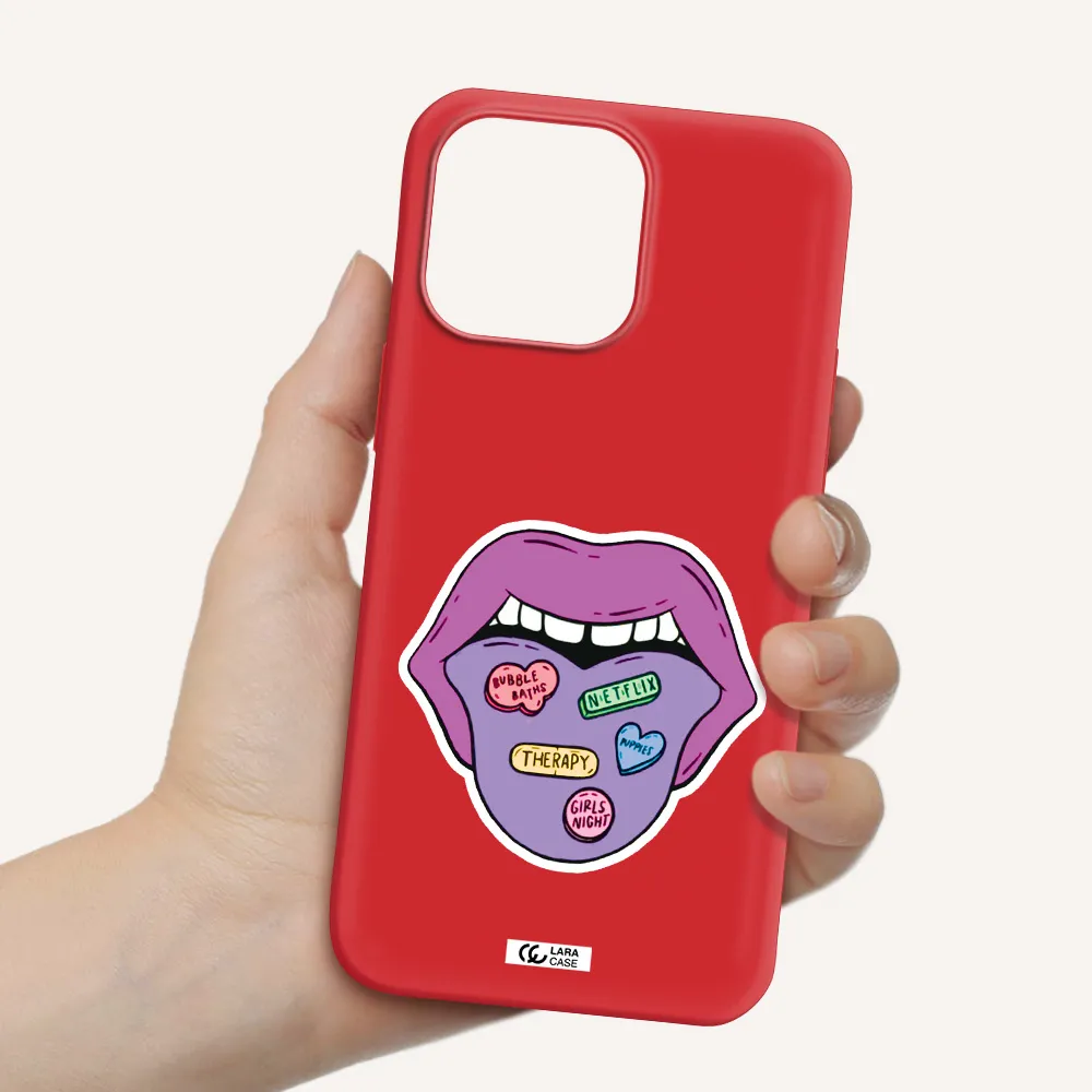 a purple lips with different colored hearts on it Apple iPhone 14 pro max Silicone Imperial Red Case
