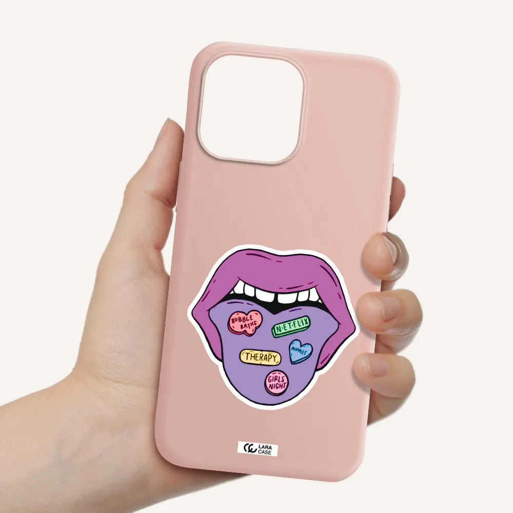 a purple lips with different colored hearts on it Apple iPhone 14 pro max Silicone pastel pink Case