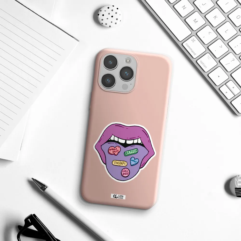 a purple lips with different colored hearts on it Apple iPhone 14 pro max Silicone pastel pink Case