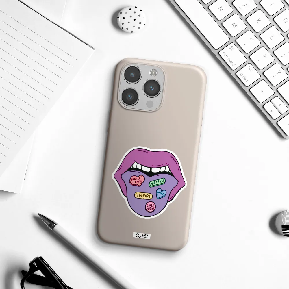 a purple lips with different colored hearts on it Apple iPhone 14 pro max Silicone Stone Case
