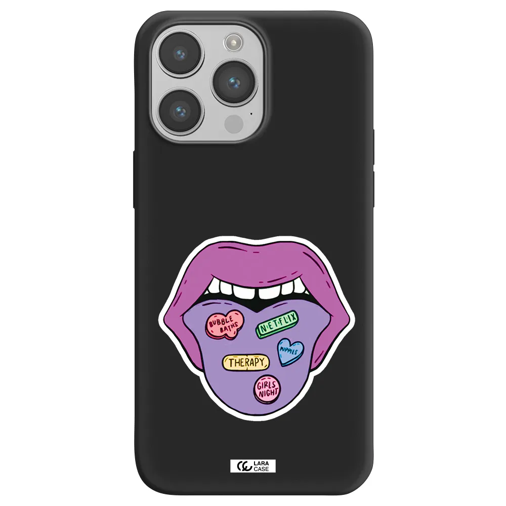 a purple lips with different colored hearts on it Apple iPhone 14 pro Silicone black Case