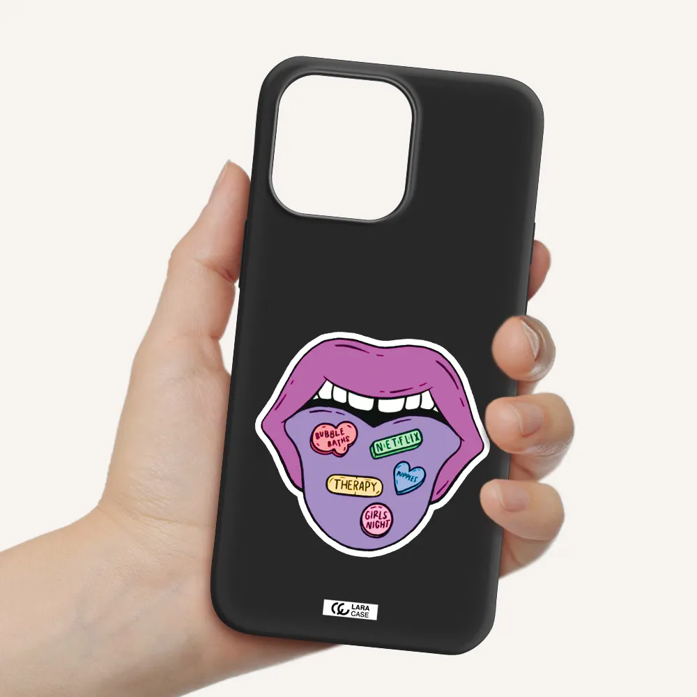 a purple lips with different colored hearts on it Apple iPhone 14 pro Silicone black Case