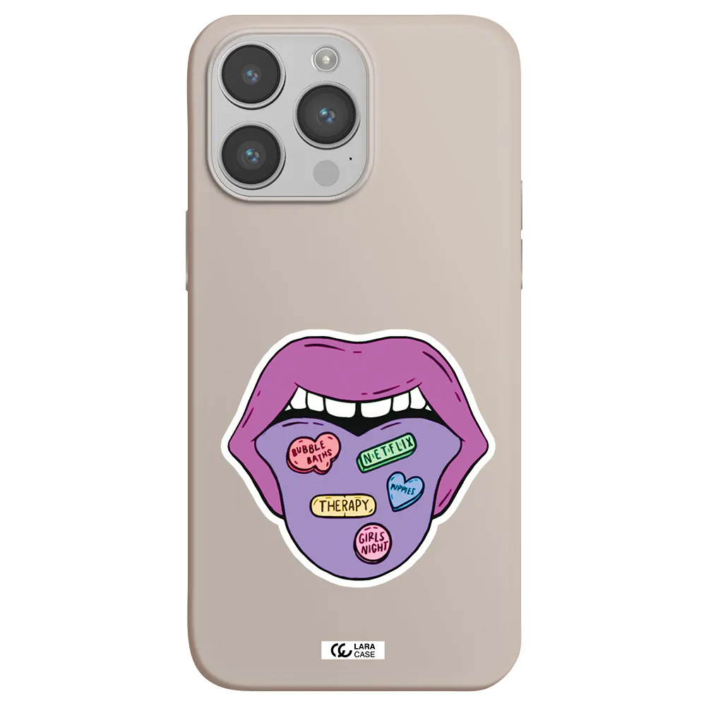 a purple lips with different colored hearts on it Apple iPhone 14 pro Silicone Stone Case