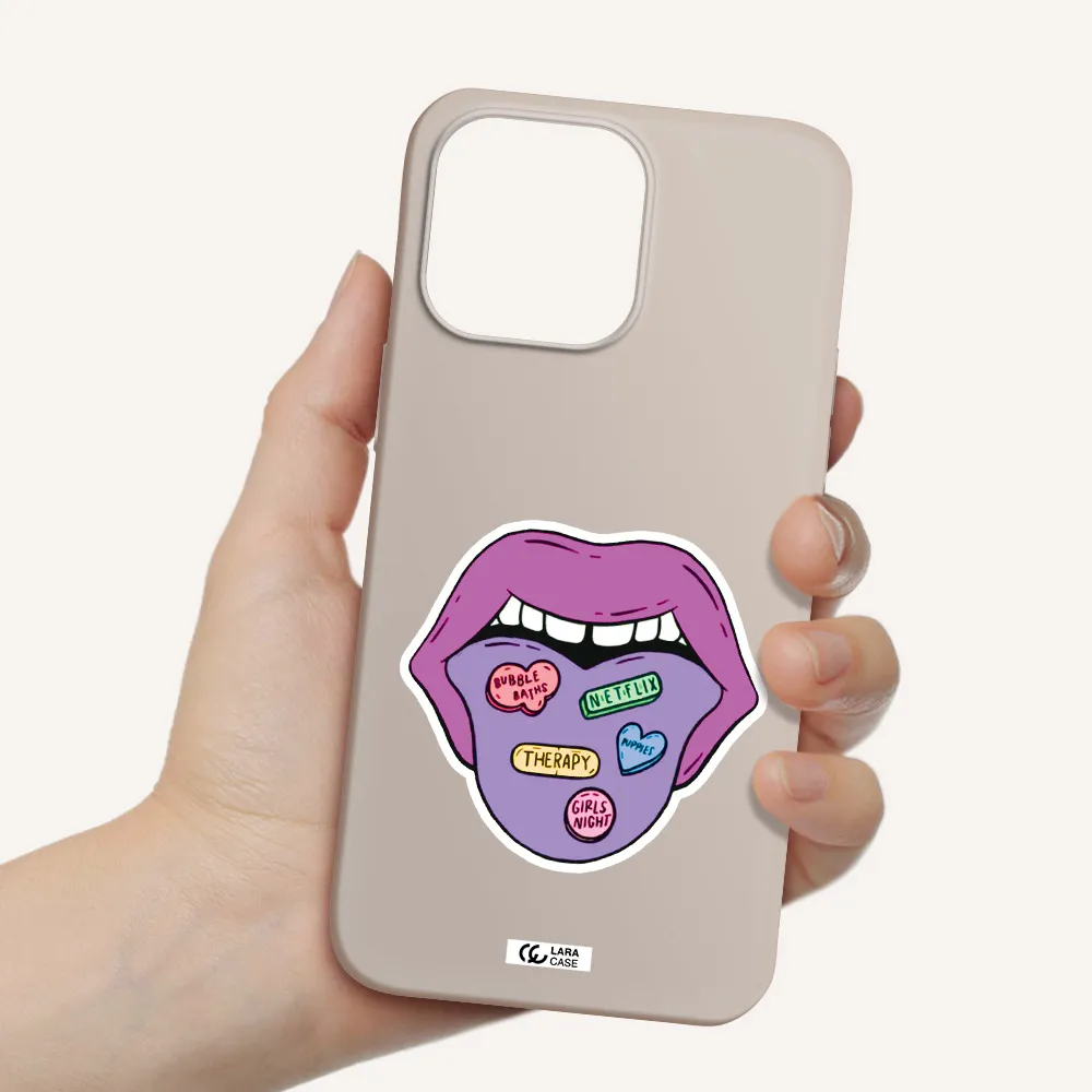 a purple lips with different colored hearts on it Apple iPhone 14 pro Silicone Stone Case