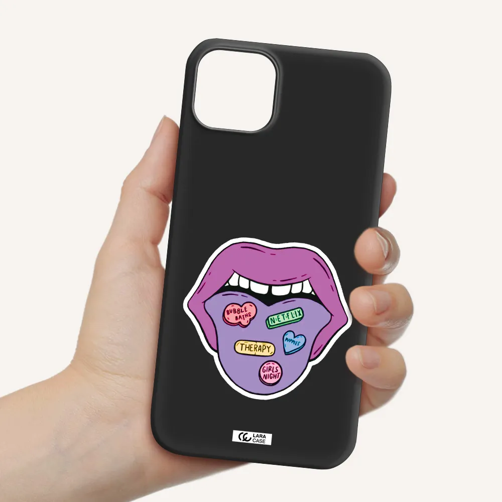 a purple lips with different colored hearts on it Apple iPhone 14 Silicone black Case