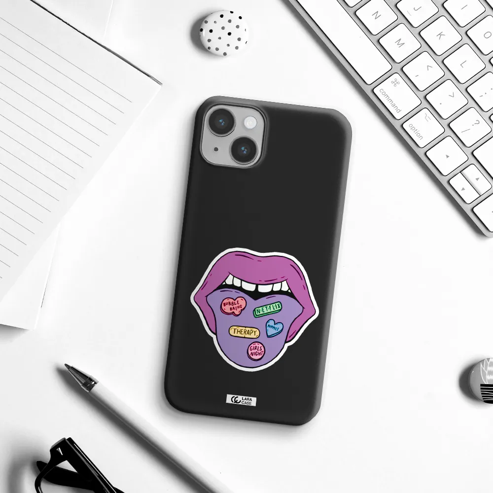 a purple lips with different colored hearts on it Apple iPhone 14 Silicone black Case