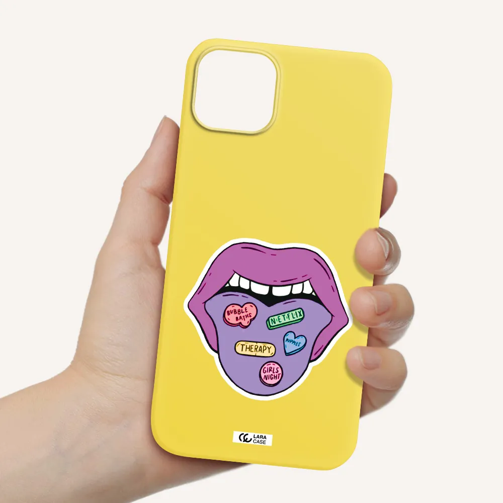 a purple lips with different colored hearts on it Apple iPhone 14 Silicone canary yellow Case