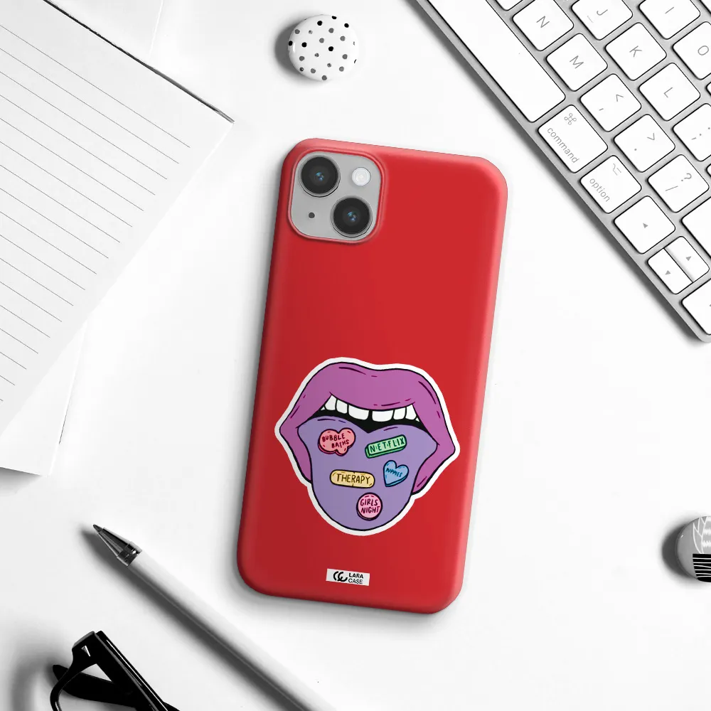 a purple lips with different colored hearts on it Apple iPhone 14 Silicone Imperial Red Case
