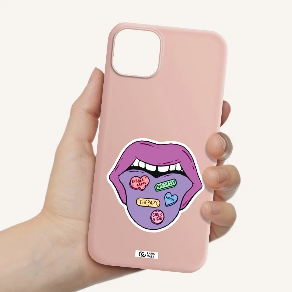 a purple lips with different colored hearts on it Apple iPhone 14 Silicone pastel pink Case