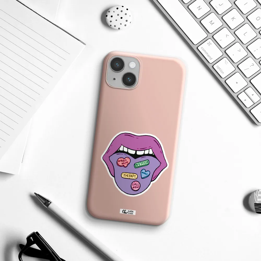 a purple lips with different colored hearts on it Apple iPhone 14 Silicone pastel pink Case