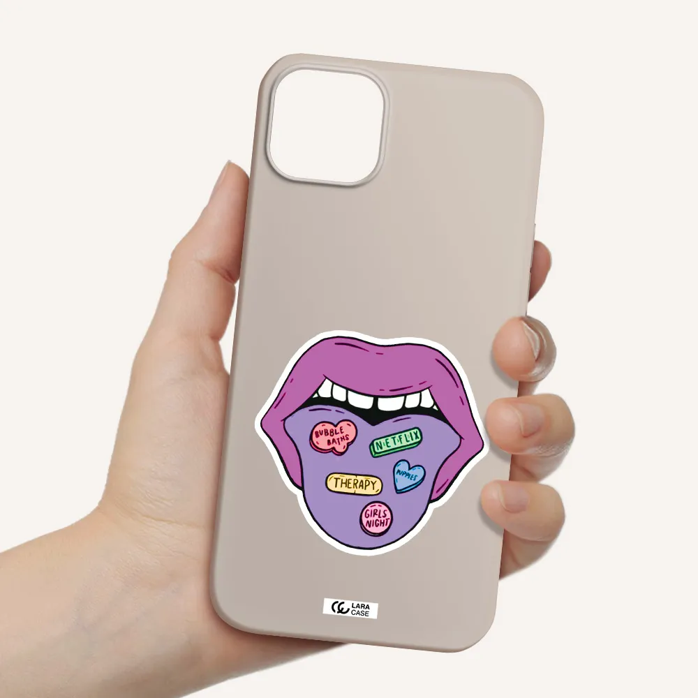 a purple lips with different colored hearts on it Apple iPhone 14 Silicone Stone Case