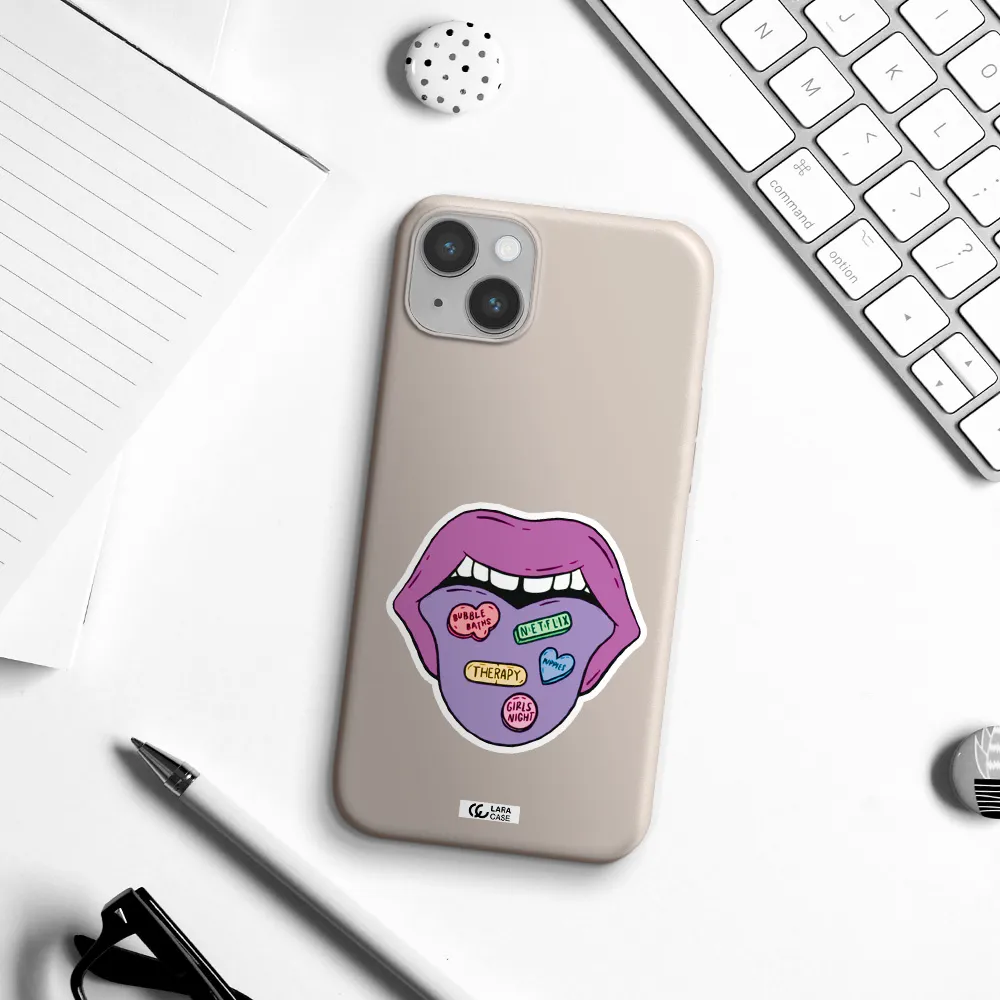 a purple lips with different colored hearts on it Apple iPhone 14 Silicone Stone Case