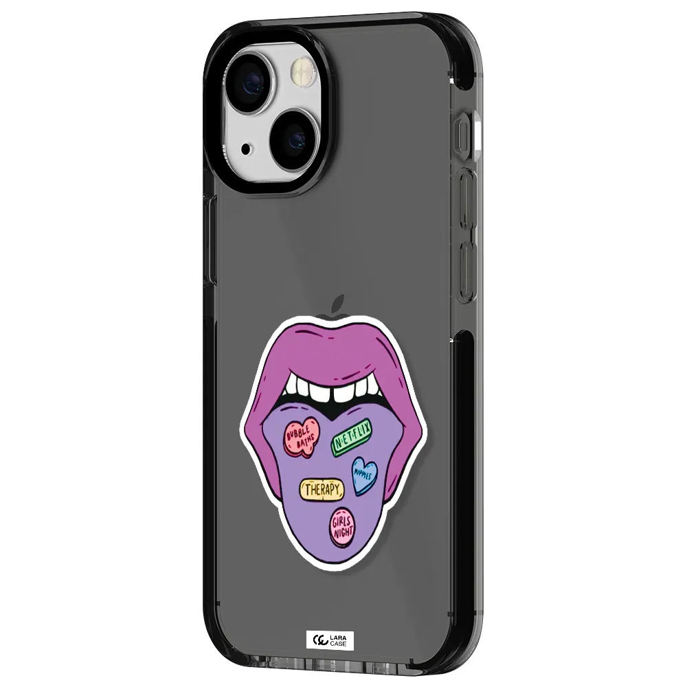 a purple lips with different colored hearts on it Apple iPhone 15 impact Smoke Black Case