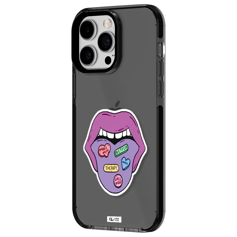 a purple lips with different colored hearts on it Apple iPhone 15 Pro impact Smoke Black Case