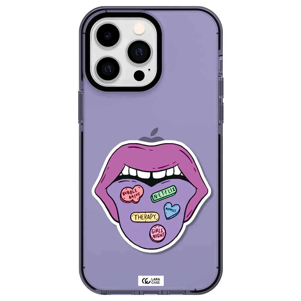 a purple lips with different colored hearts on it Apple iPhone 15 Pro Max impact Lilac Case