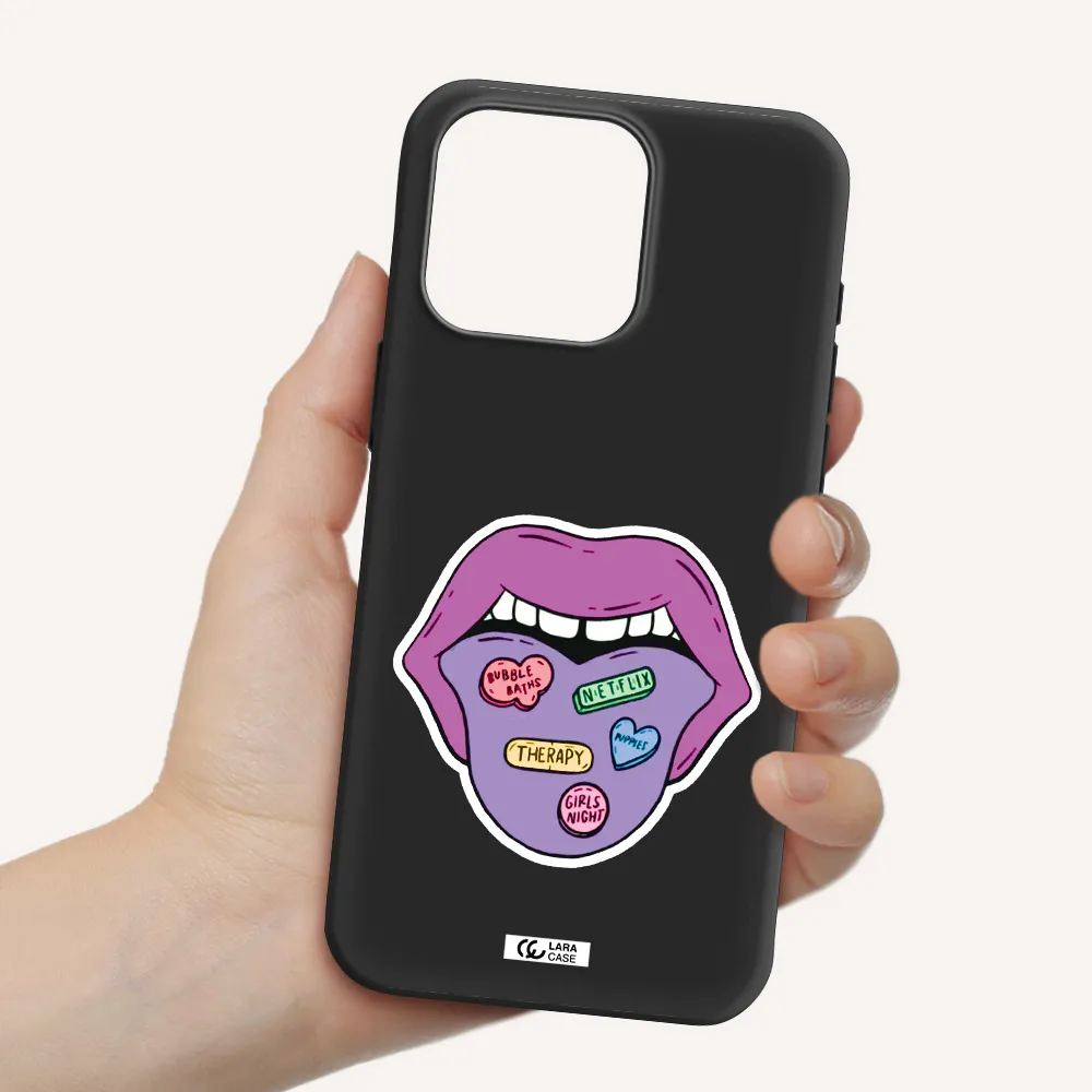 a purple lips with different colored hearts on it Apple Iphone 15 Pro max Silicone black Case