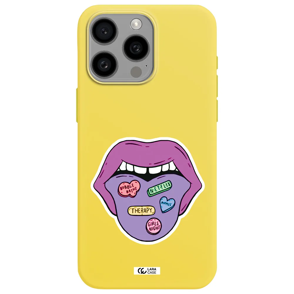 a purple lips with different colored hearts on it Apple Iphone 15 Pro max Silicone canary yellow Case