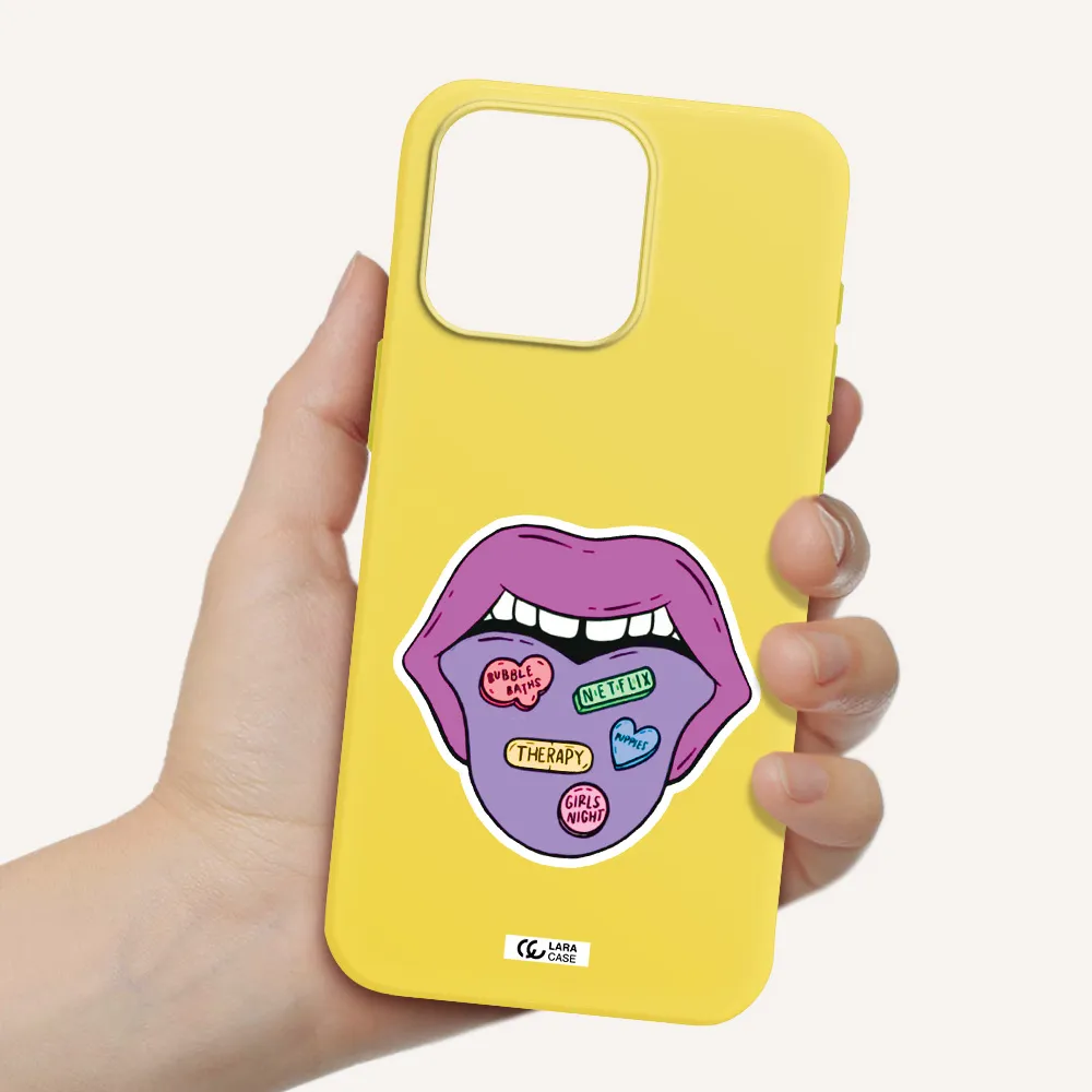 a purple lips with different colored hearts on it Apple Iphone 15 Pro max Silicone canary yellow Case