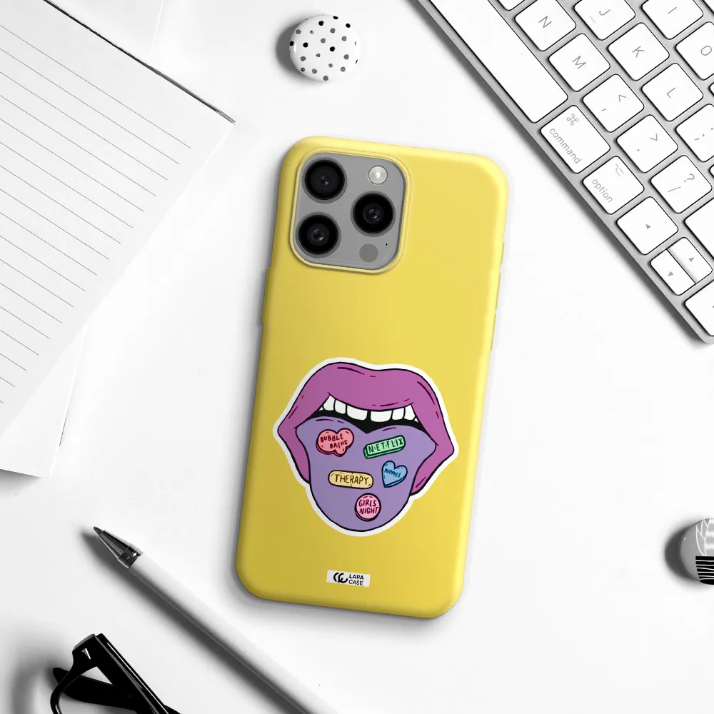 a purple lips with different colored hearts on it Apple Iphone 15 Pro max Silicone canary yellow Case