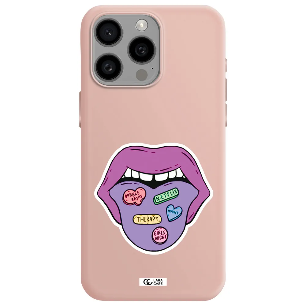 a purple lips with different colored hearts on it Apple Iphone 15 Pro max Silicone pastel pink Case