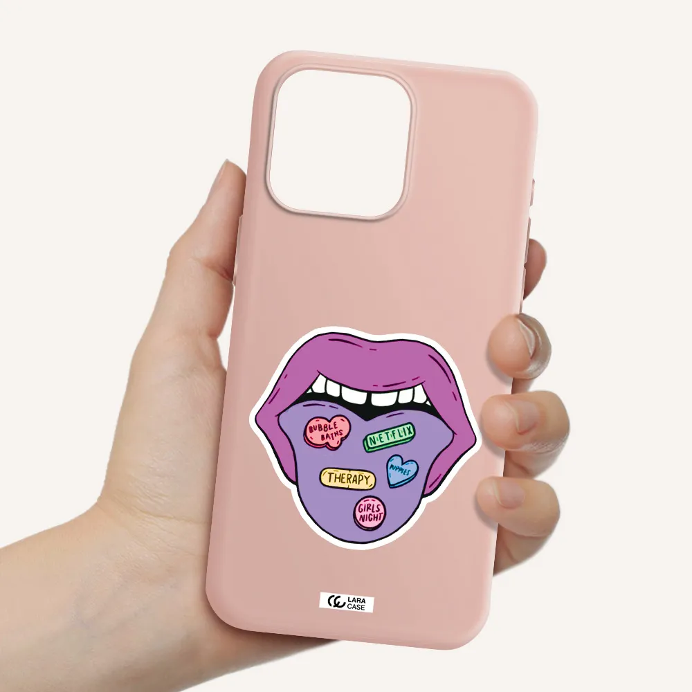 a purple lips with different colored hearts on it Apple Iphone 15 Pro max Silicone pastel pink Case