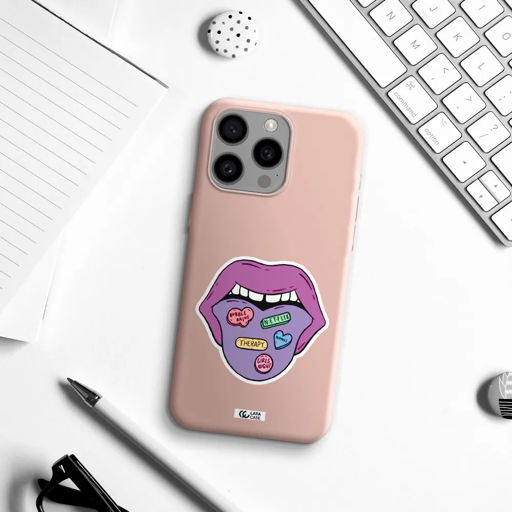 a purple lips with different colored hearts on it Apple Iphone 15 Pro max Silicone pastel pink Case