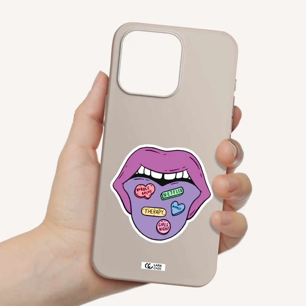 a purple lips with different colored hearts on it Apple Iphone 15 Pro max Silicone Stone Case