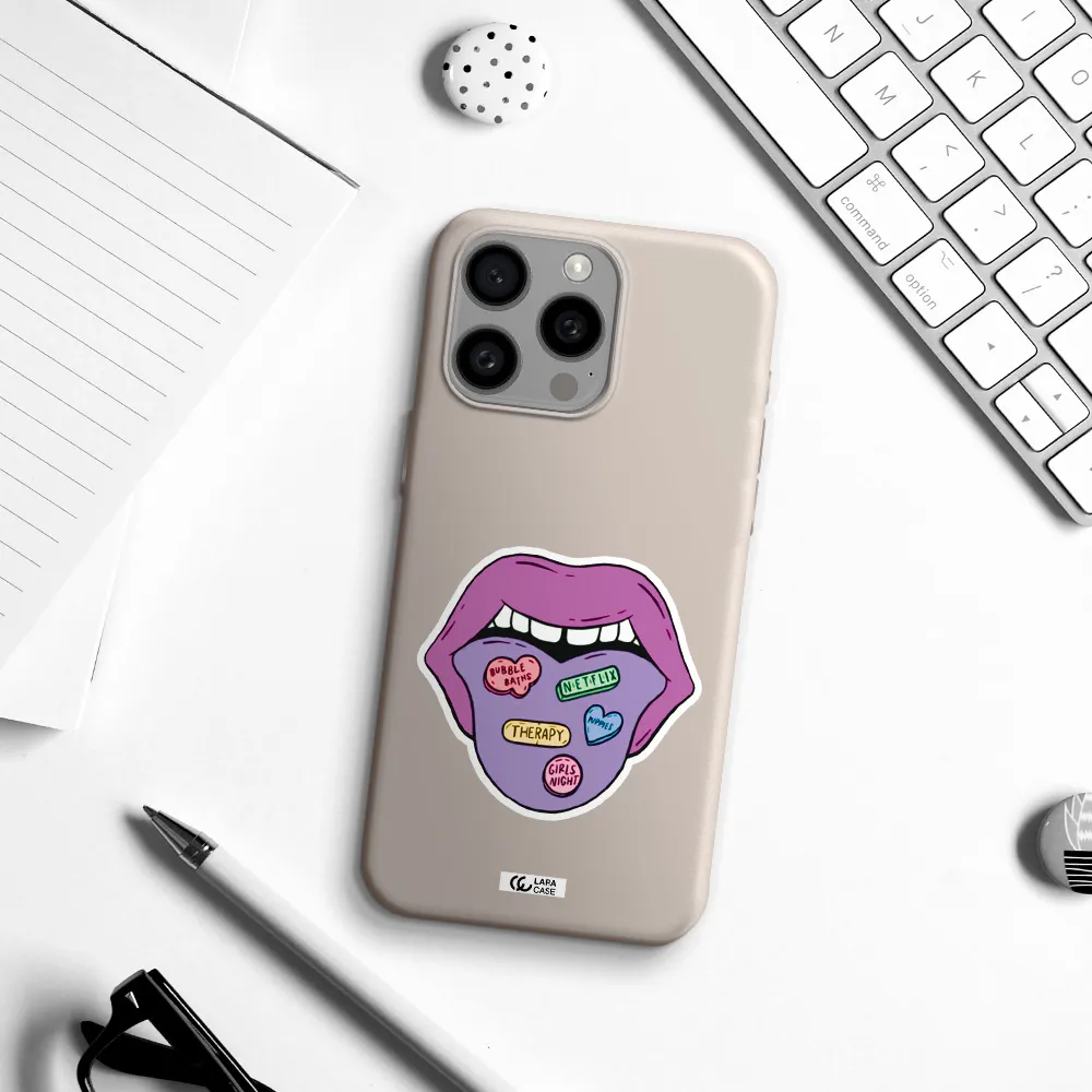 a purple lips with different colored hearts on it Apple Iphone 15 Pro max Silicone Stone Case