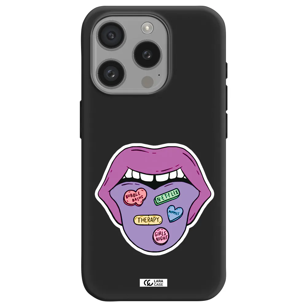 A Purple Lips With Different Colored Hearts On It Apple Iphone 15 Pro Silicone Black Case