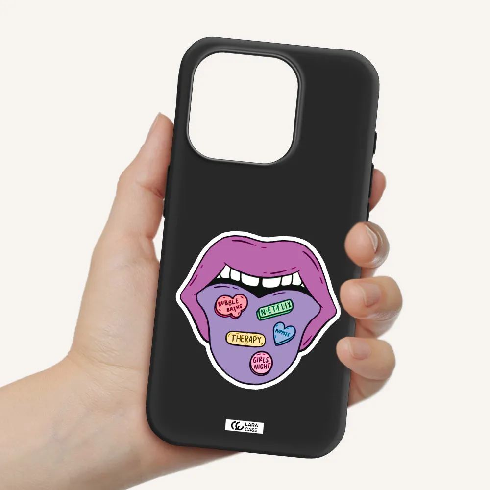 A Purple Lips With Different Colored Hearts On It Apple Iphone 15 Pro Silicone Black Case