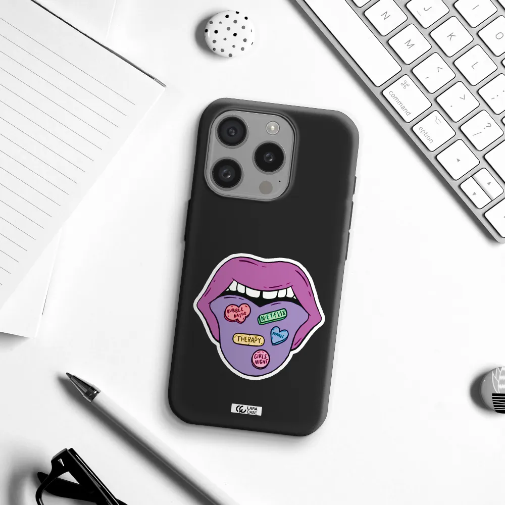 A Purple Lips With Different Colored Hearts On It Apple Iphone 15 Pro Silicone Black Case
