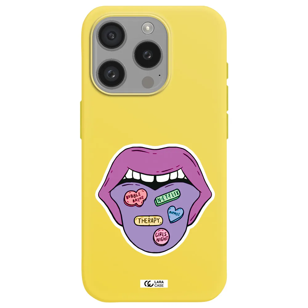 A Purple Lips With Different Colored Hearts On It Apple Iphone 15 Pro Silicone Canary Yellow Case