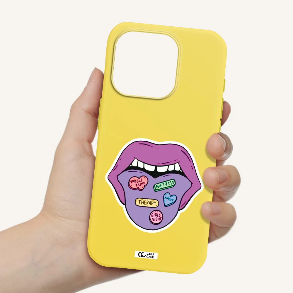 A Purple Lips With Different Colored Hearts On It Apple Iphone 15 Pro Silicone Canary Yellow Case