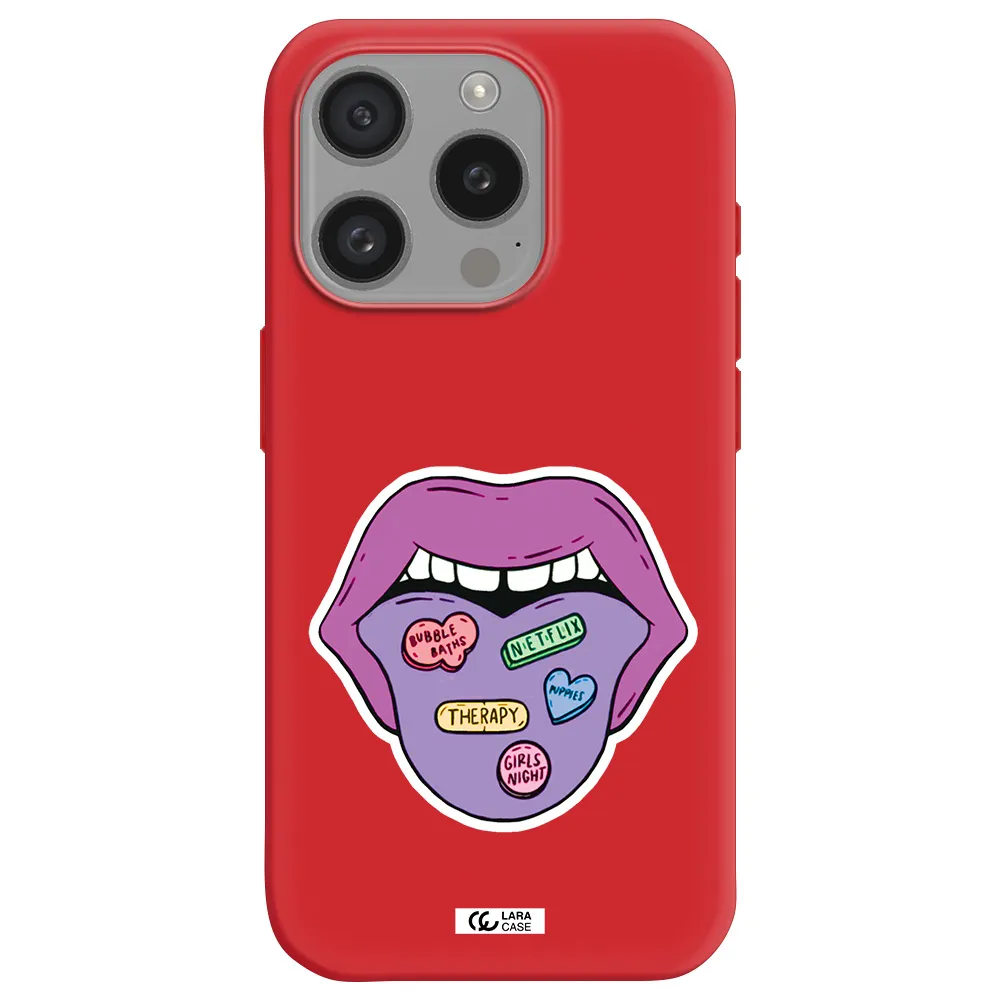 A Purple Lips With Different Colored Hearts On It Apple Iphone 15 Pro Silicone Imperial Red Case