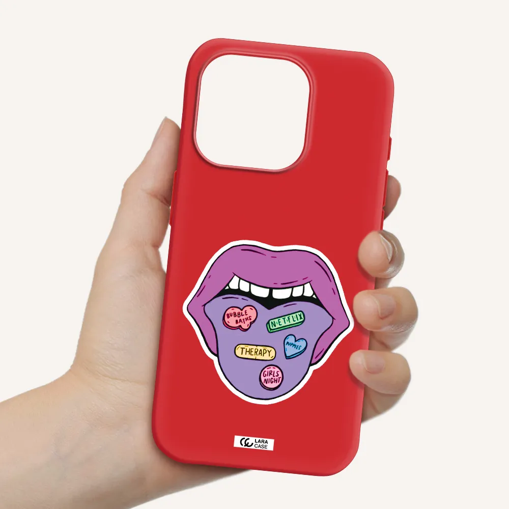 A Purple Lips With Different Colored Hearts On It Apple Iphone 15 Pro Silicone Imperial Red Case